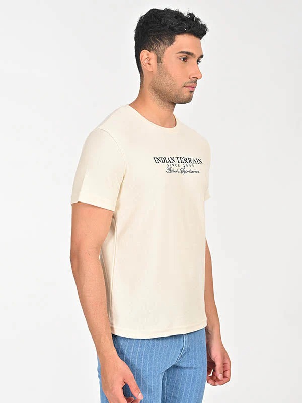 Indian Terrain Men's Half Sleeve Regular Fit Cream Round Neck T-Shirt